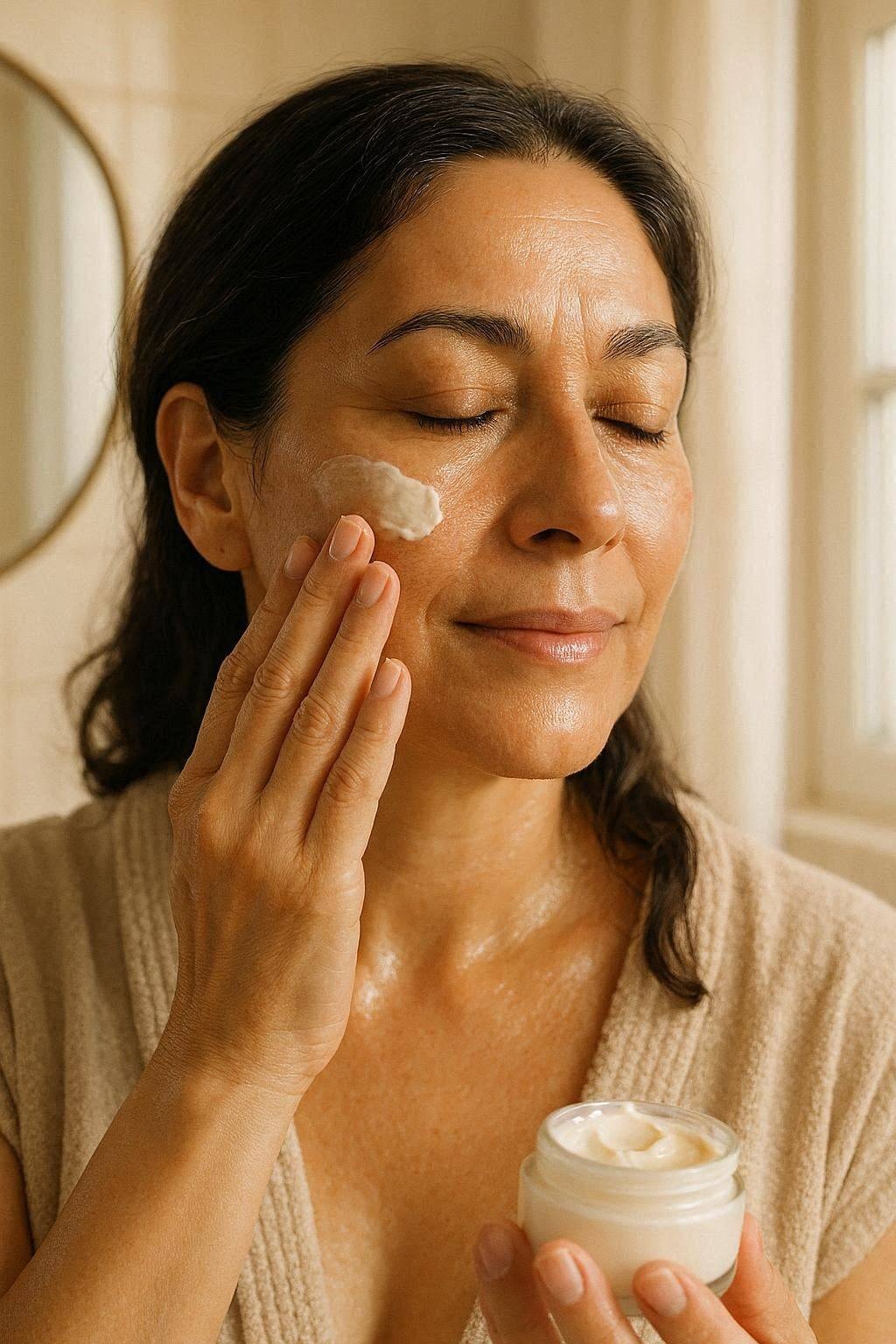 Mujer aplicando la crema facial ZENZA
