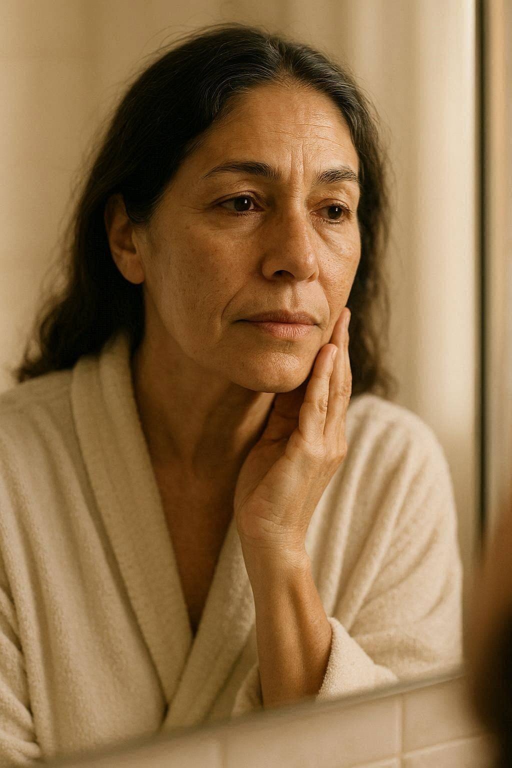 Mujer observando su piel frente al espejo