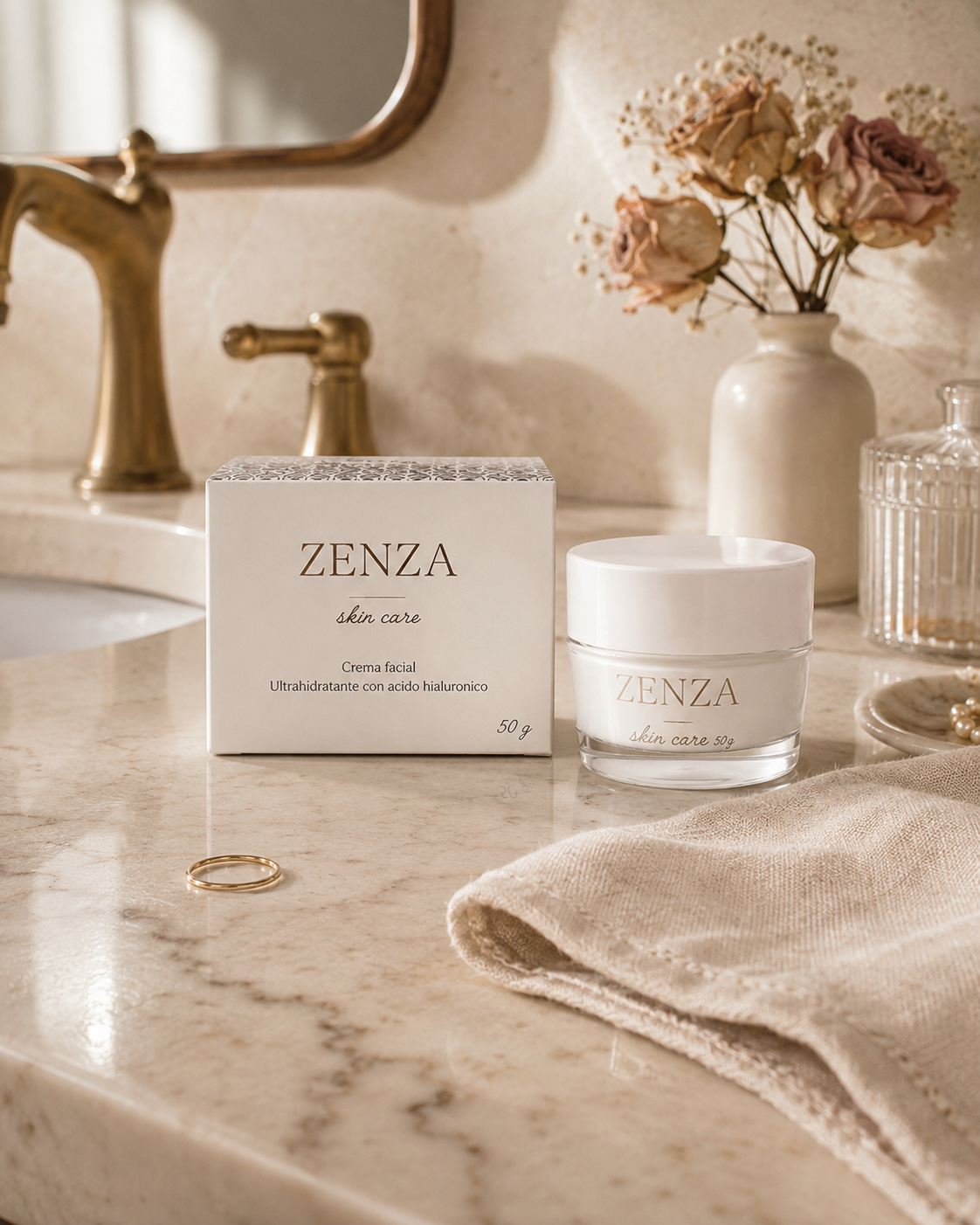 La crema ZENZA en un tocador de mármol, ritual en casa